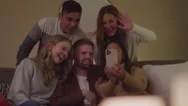 Handheld Of Five Men Women Adult Friends Having Fun On Facetime At Home Stock Footage