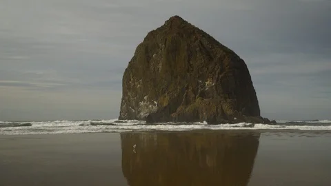 Handheld of Haystack rock on Cannon Beach Uncolored 库存影片 102417334