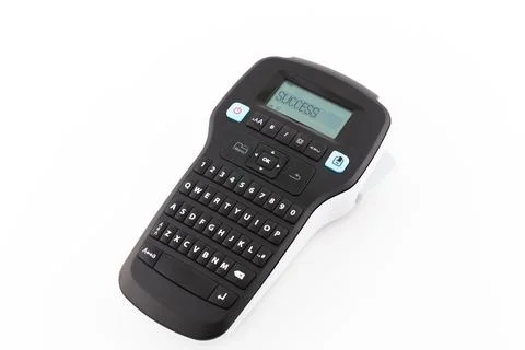 Handheld Label Printer with Success Word on The Screen. Isolated on White Bac Stock Photos