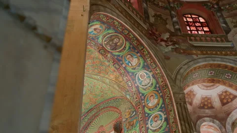 Handheld Low-Angle Pan of Abbey Roof Fresco with Jesus and Apostles Stock Footage 315813338