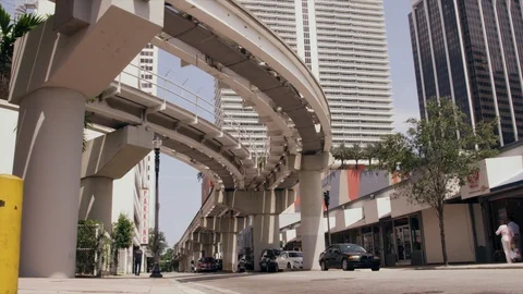Handheld Low Angle Shot Downtown MetroRail - Filmed Red Scarlet 4k Video stock 86410887