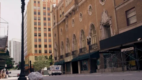 Handheld Low Angle Shot Downtown Guzman Theater - Filmed Red Scarlet 4k Video stock 86411112
