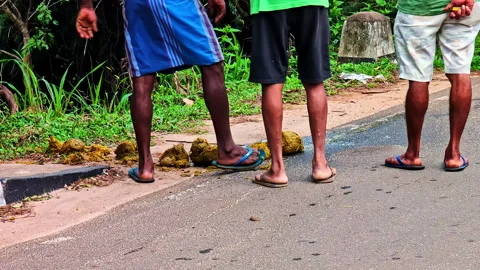 Handheld low angle shot of local men in flip flops standing on tropical village Stock Footage 331930355
