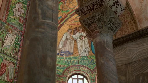 Handheld Pan of Basilica Ceiling Mosaic of Saints Between Marble Columns Stock Footage 320132675