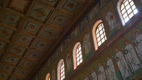 Handheld Pan of Basilica Coffered Ceiling with Windows and Golden Saints Stock Footage 320135798