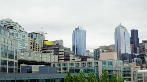 Handheld pan of Seattle skyline from Elliot's bay Stock Footage 73498200