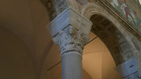 Handheld Pan of White Marble Corinthian Column Capital in Church Stock Footage 320134064