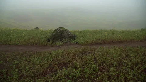 Handheld panning right to left shot of a path on a foggy hill in Lomas de Stock Footage 164723023