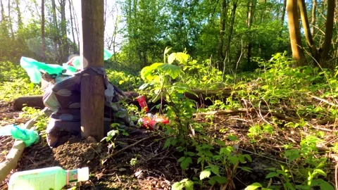 Handheld panning shot of garbage in a forest Stock Footage 152971494