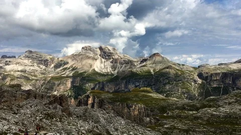 Handheld panning shot over landscape with dolomites Video stock 120430474