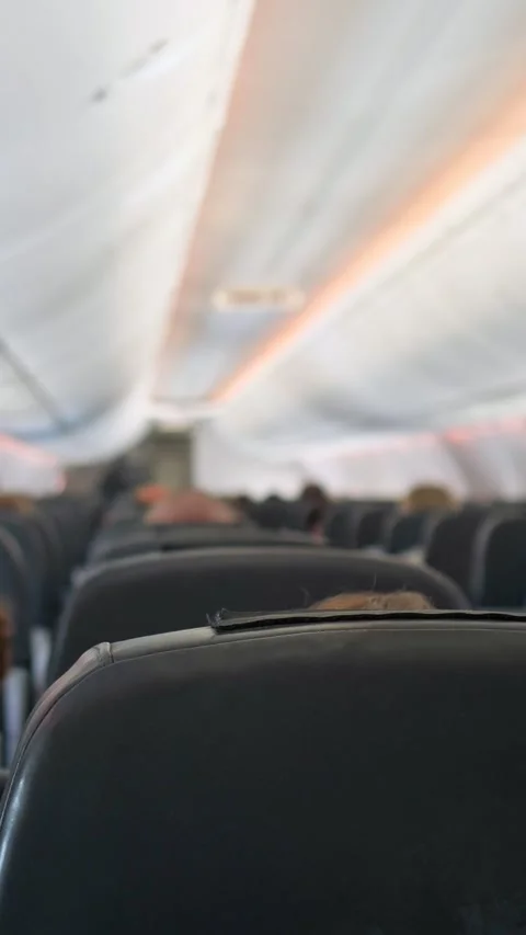 Handheld point of view walking down the aisle of a passenger airplane during a Vidéo 342907473