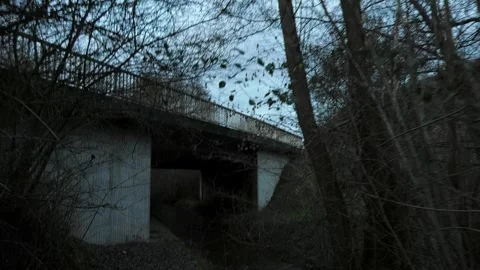 Handheld, point of view walking under bridge, stream, near sunset, winter Stock Footage 262240221