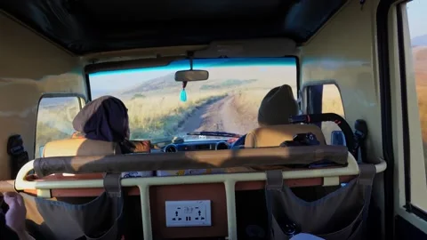 Handheld rear view of two men in a safari-style Land Cruiser driving along a Stock Footage 330881846