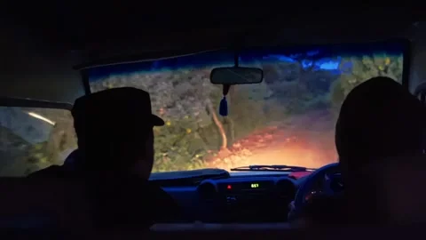 Handheld rear view of two men in a safari-style vehicle driving fast down dirt 動画素材 331357353