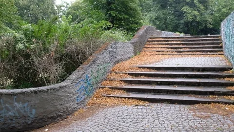 Handheld rear view of young man in sportswear running up steps in park Stock Footage 120422825