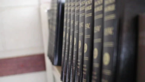 Handheld Shallow Depth of Field Bibles on a Shelf Stock Footage 168783077