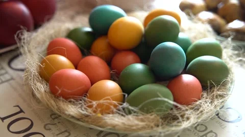 Handheld shooting. Painted eggs on the table. Easter concept Stock Footage 237934198