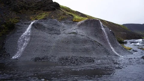 Handheld Shot, 2 Small Waterfalls Flow Into River, Remote Wilderness Of Iceland Video stock 82563078