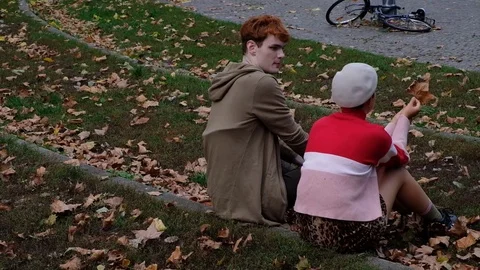 Handheld shot and rear view of friends talking while sitting in the park Stock-Footage 120428236
