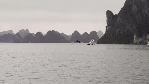 Handheld shot of bird flying close to water surface at ha long cove, tonkin bay Stock Footage 147361655