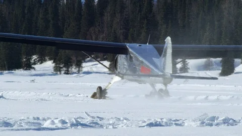 Handheld shot of black airplane taking off in snowy land on bright day, Alaska Stock Footage 129127585