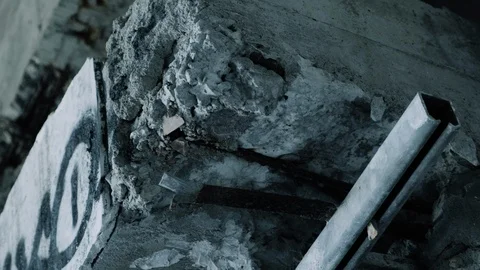 Handheld shot of broken beam inside abandoned warehouse Stock Footage 112896416