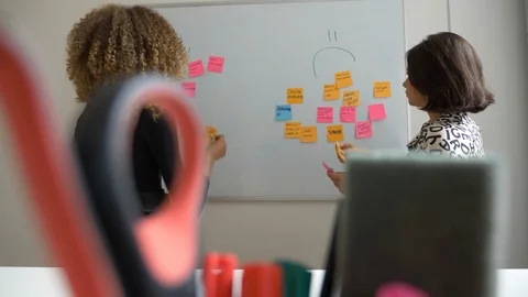 Handheld shot of creative female executives sticking notes on white board Video stock 114871664