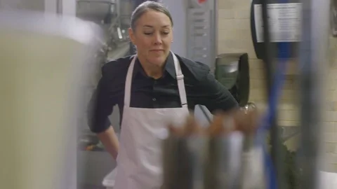 Handheld shot of female chef working at restaurant kitchen Stock Footage