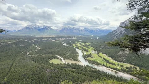Handheld Shot of Forested Valley with River and Snow-Capped Mountains in Banff Stock Footage 345172849