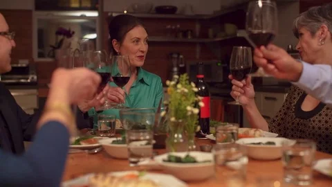 Handheld shot of friends toasting wineglasses at dining table during dinner Stock Footage