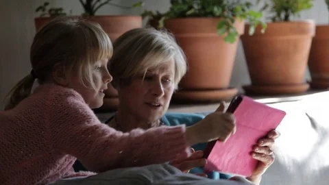 Handheld shot of grandmother and granddaughter using tablet computer on sofa at Stock Footage