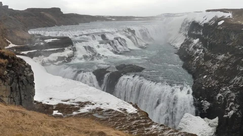 Handheld Shot Of Gullfoss Waterfall in Wintertime, Iceland Stock Footage 96753129