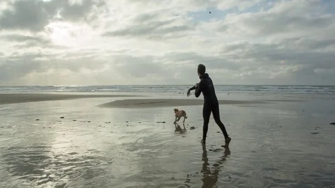 Handheld shot of man playing with dog at beach against cloudy sky Stock Footage