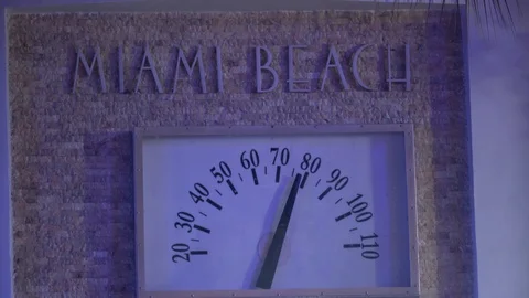 Handheld shot Miami Beach Ocean Drive thermometer Stock Footage 129265433