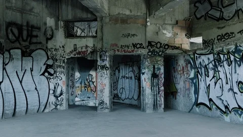 Handheld shot of open space inside an abandoned warehouse Stock Footage 112896251
