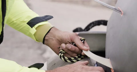 Handheld shot of professional surfer David Langer checking fins on surfboard Stock Footage 160521207