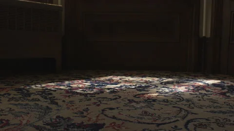 Handheld shot of sunshine beaming on top of old vintage ornamental carpet Stock Footage 208752664