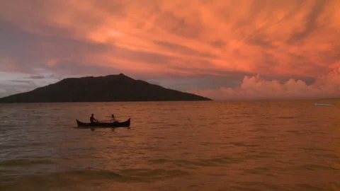 Handheld shot of two men in a boat paddling towards the shore Stock Footage 310541202
