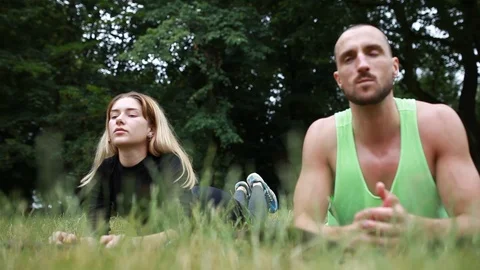 Handheld shot of young couple doing plank on yoga mat in park 스톡 동영상 120431015