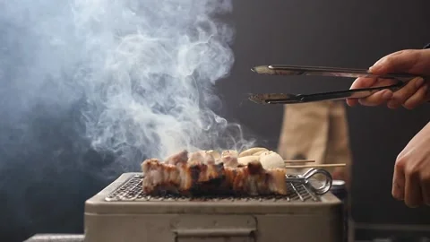 Handheld, slow motion side view of smoky skewers turning on hibachi grill Stock Footage 155776040
