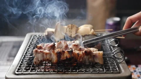Handheld, slow motion side view of smoky skewers turning on hibachi grill Stock Footage 155776048