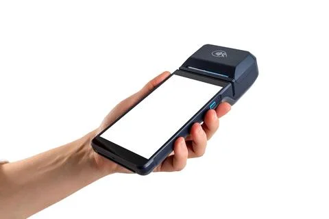 Handheld smart POS terminal with blank display, isolated on white backgroun.. Stock Photos