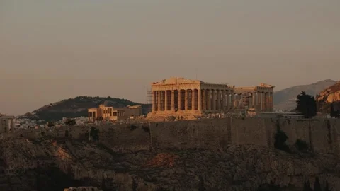 Handheld Sunset Shot of Parthenon Temple and Acropolis of Athens Stock Footage 342061585