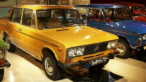 Handheld Three-Quarter Shot of Lada 2106 Collection at Retro Museum Varna Stock Footage 320906475