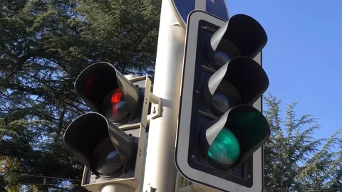 Handheld: Traffic lights close up Stock Footage 100063025