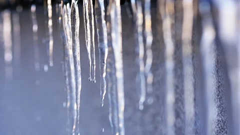 Handheld Video of Dripping Icicles With Selective Focus in Winter 2025 Stock Footage 325067668