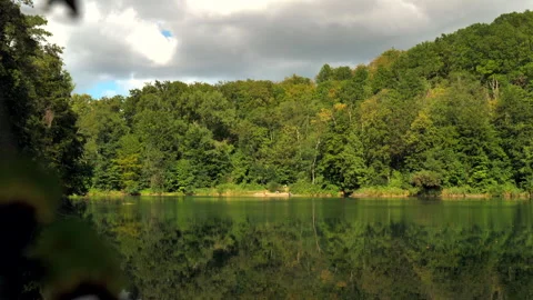 Handheld view of a calm emerald forest lake with tree reflection Stock Footage 346540016