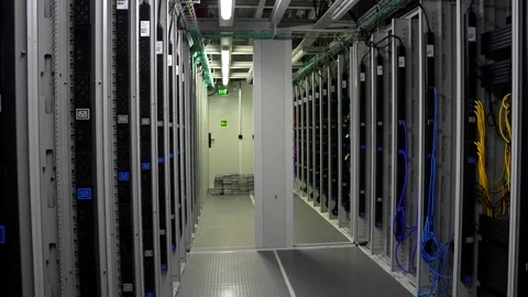 Handheld Walk Through Modern Data Center Server Room Hallway with Ceiling C.. Stock-Footage 341693311