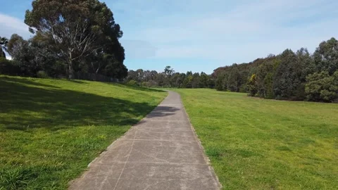 Handheld walking perspective of a concrete footpath with Australian native .. Vídeos de archivo 240480193