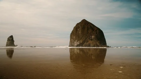 Handheld wide low angle of Haystack Rock with waves and seagulls walking 2 库存影片 102417515